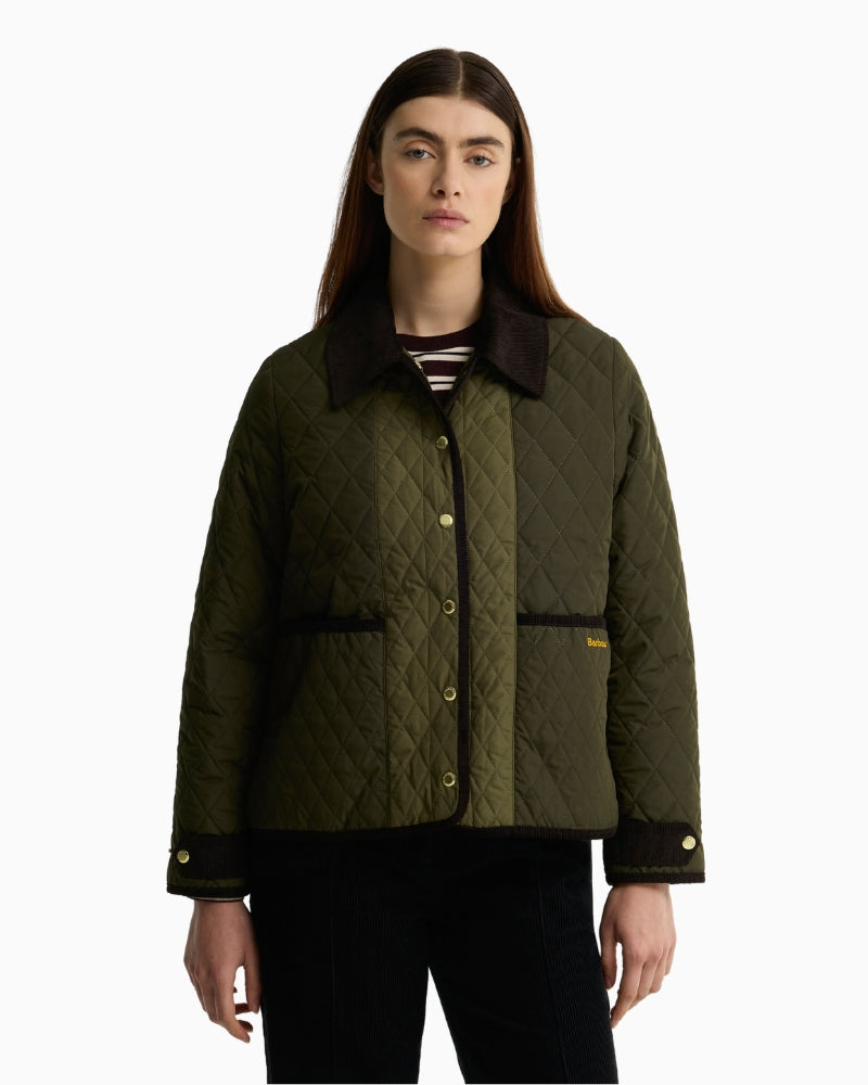 Barbour Ainsdale Patchwork Quilted Jacket in Olive front view