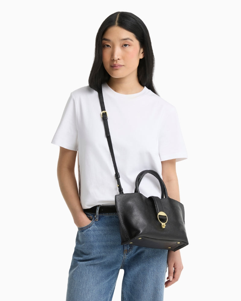Barbour Alder Mini Leather Tote Bag in Black styled view