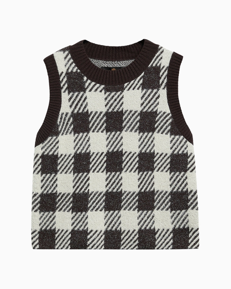 Barbour Amaya Check Knitted Vest in Brown/Cream gingham check detail