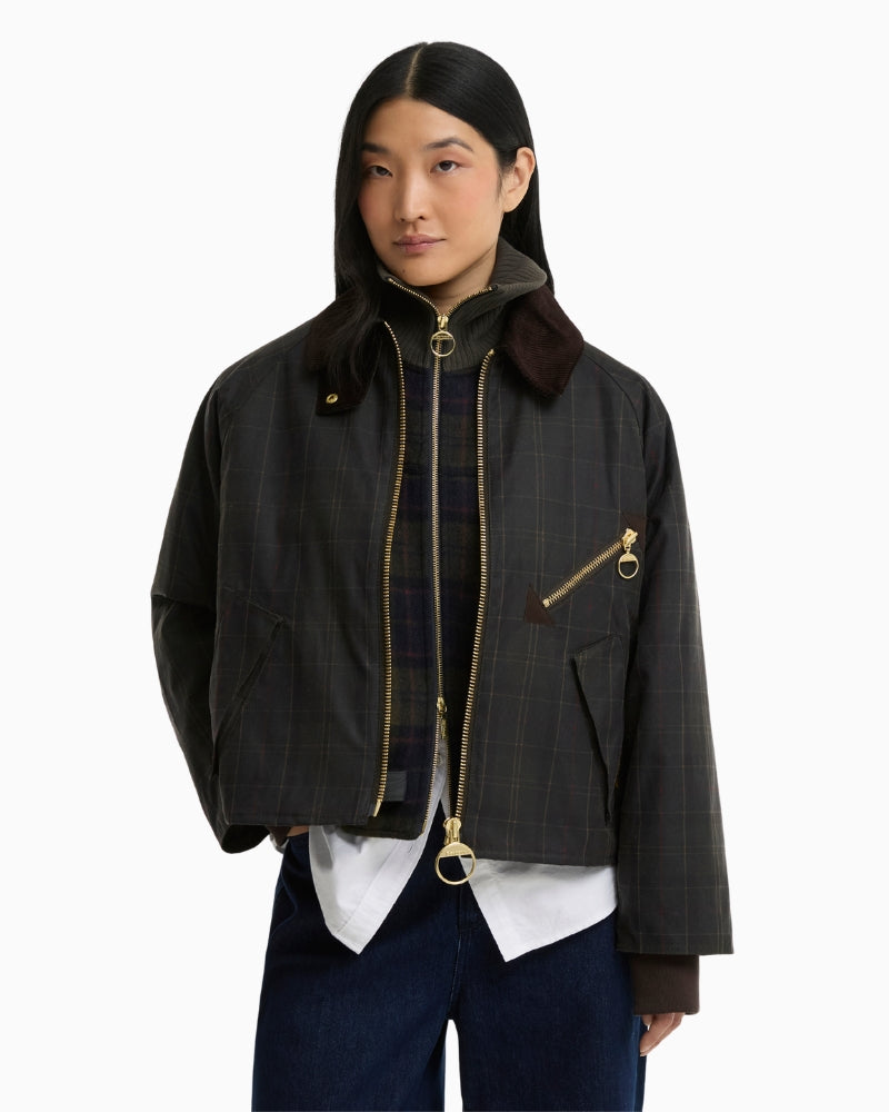 Barbour Arlene Checked Wax Jacket in Olive front view
