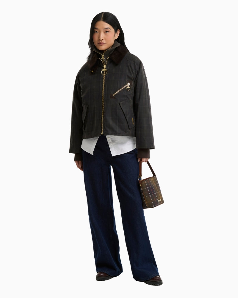 Barbour Arlene Checked Wax Jacket in Olive full-length styled view