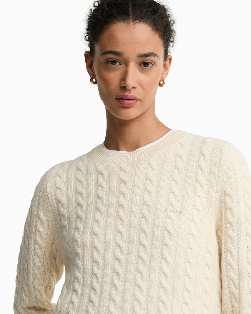 Barbour Ashdown Cable Knit Jumper Cream crew neck