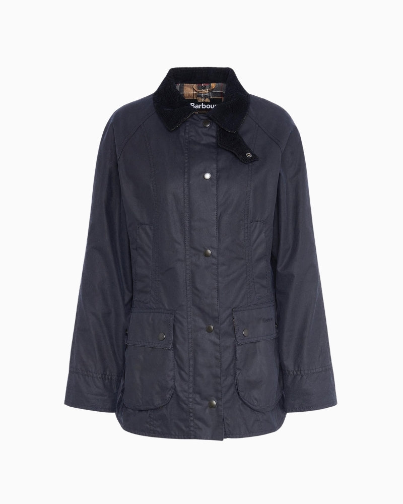 Barbour Beadnell Waxed Jacket in navy front flat view