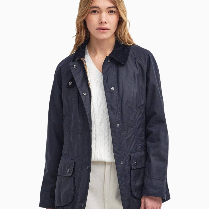 Barbour Beadnell Waxed Jacket in navy front view