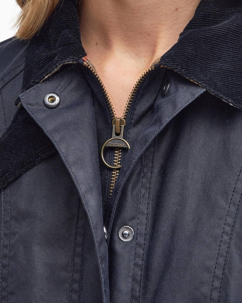 Barbour Beadnell Waxed Jacket in navy zip detail