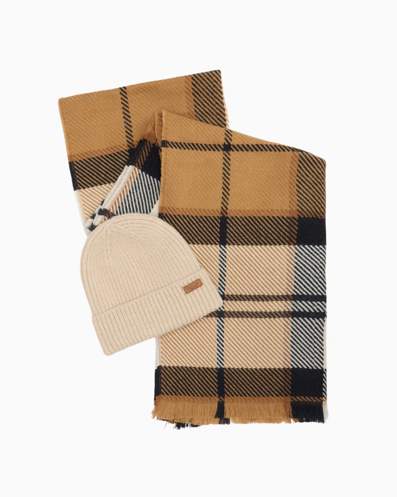 Barbour beige beanie and scarf gift set