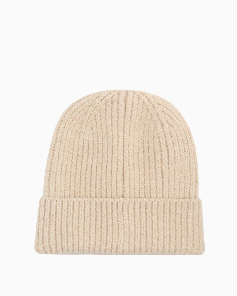 Back view of knitted Barbour beanie hat in beige