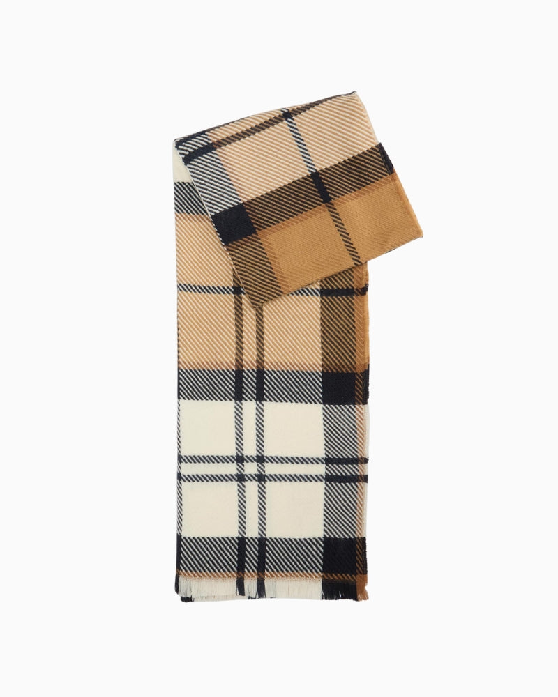 Folded view of Barbour beige scarf with soft knit texture