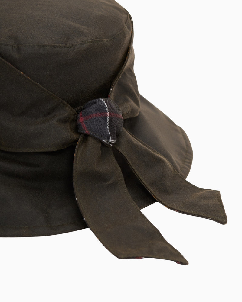 Barbour Brambling Wax Bucket Hat in Olive back view with decorative tie details