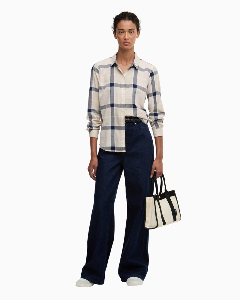 Barbour Bredon check shirt beige pink, woman wearing front view – Áines Boutique