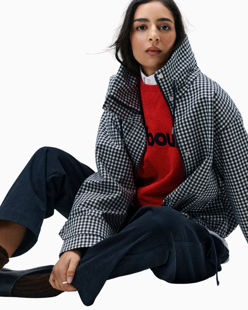Barbour Bronwyn check showerproof jacket navy check pattern detail – Áines Boutique