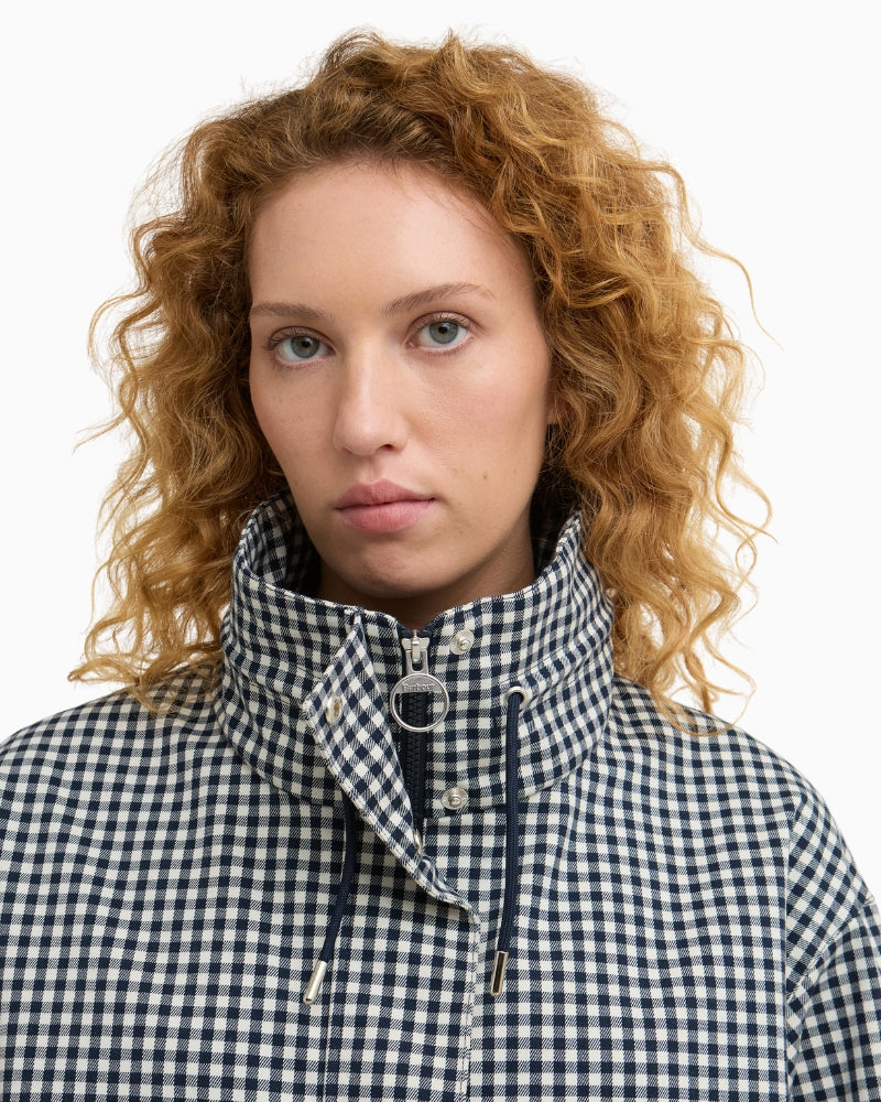 Barbour Bronwyn check showerproof jacket navy zip fastening detail – Áines Boutique
