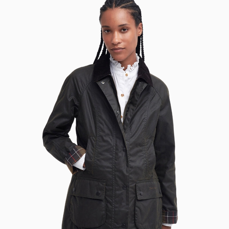 Front view of Barbour Classic Beadnell Jacket in olive wax cotton with corduroy collar