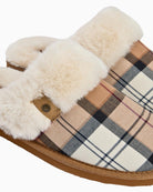 Overhead view of Barbour Claudia Bark slippers highlighting tartan detail