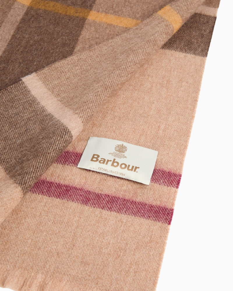 Barbour Close up of woven tartan scarf logo detail