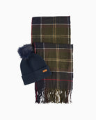 Flat lay view of Barbour tartan scarf and beanie set