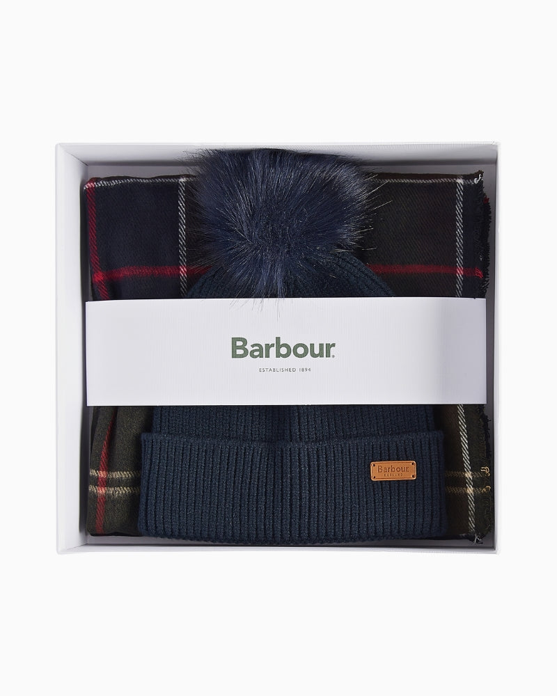 Barbour Dover Beanie & Hailes tartan scarf gift set in branded box