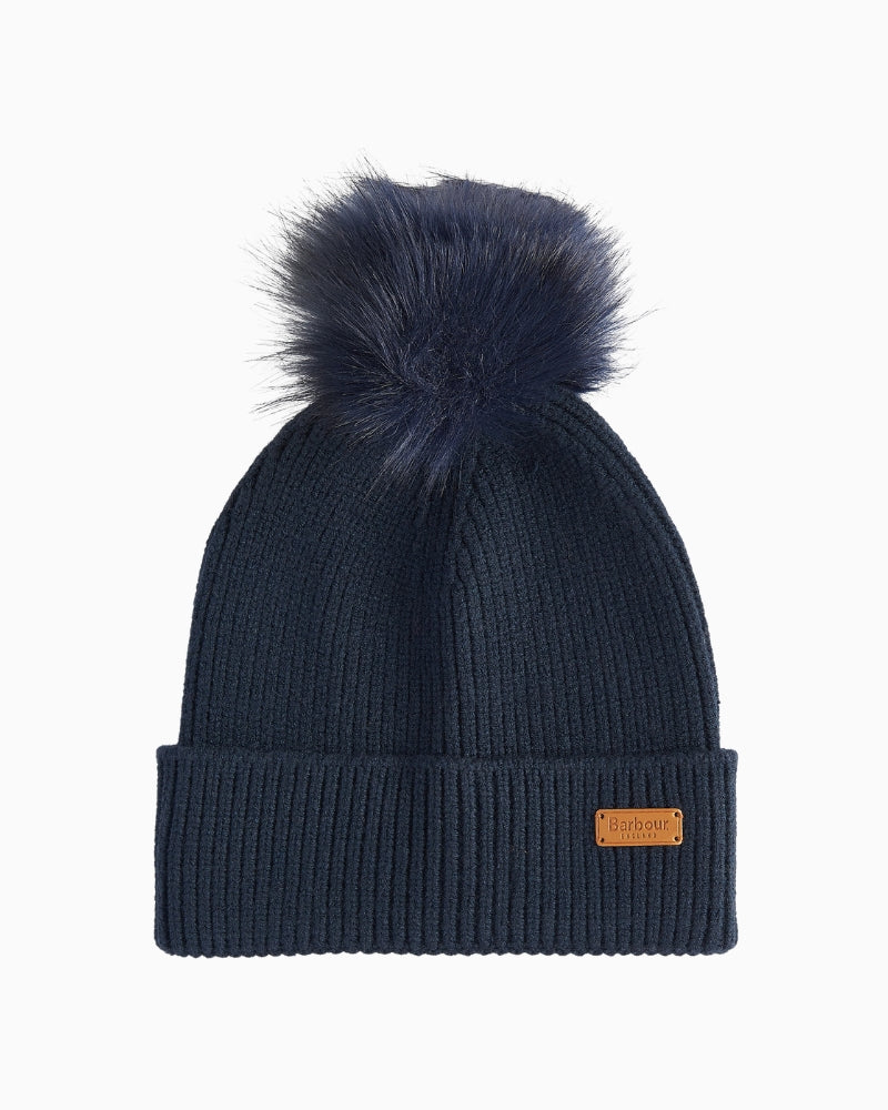 Knitted Barbour beanie in beige with faux fur pom and logo badge