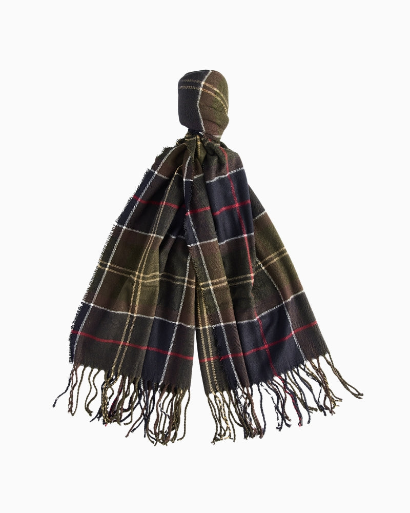 Barbour Hailes tartan scarf with tassel edges laid flat