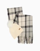 Barbour monochrome beanie and tartan scarf set styled together