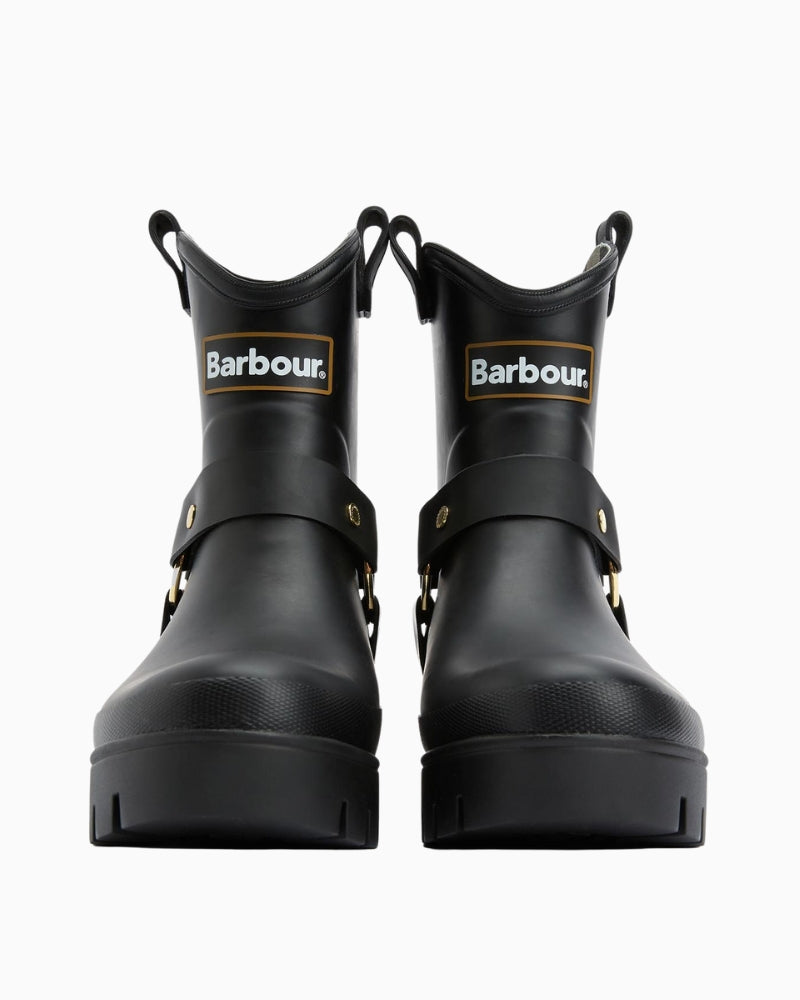 Barbour Elley Harness Wellington Boots in black, front profile with ring detail