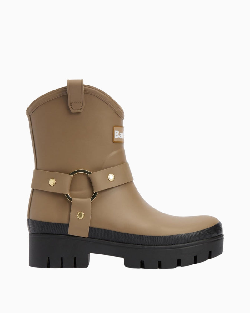 Beige wellies showing harness strap and branded rivets