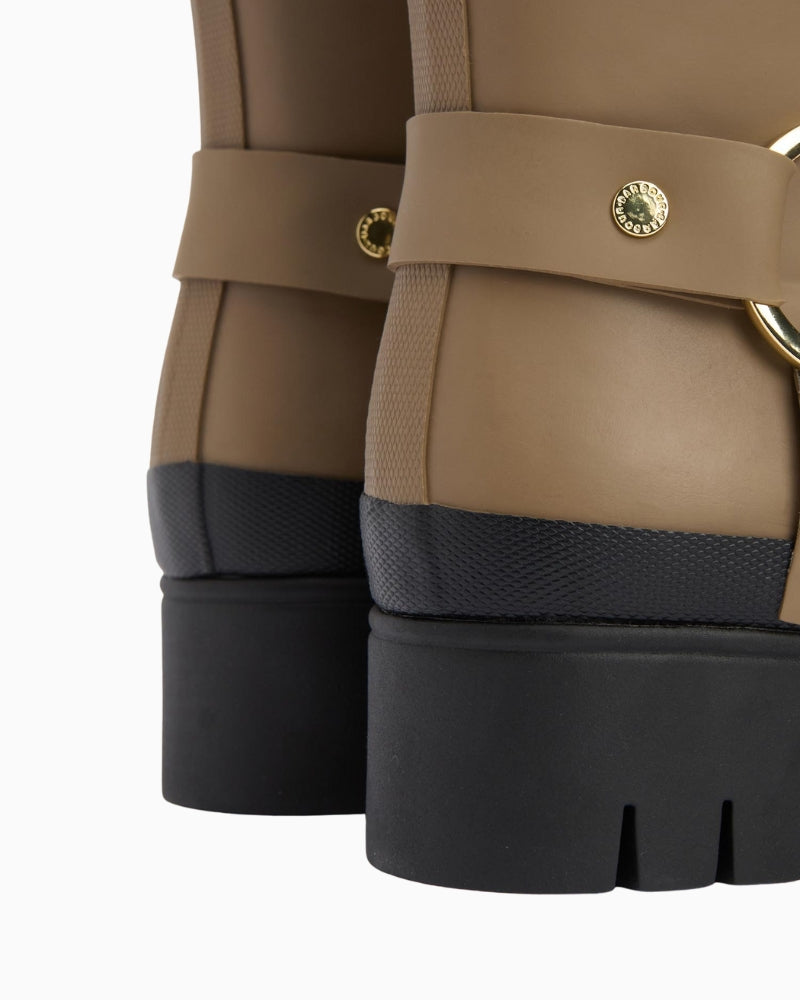Close-up of lining and stitching of Barbour Elley Harness Wellington Boots – Beige heel