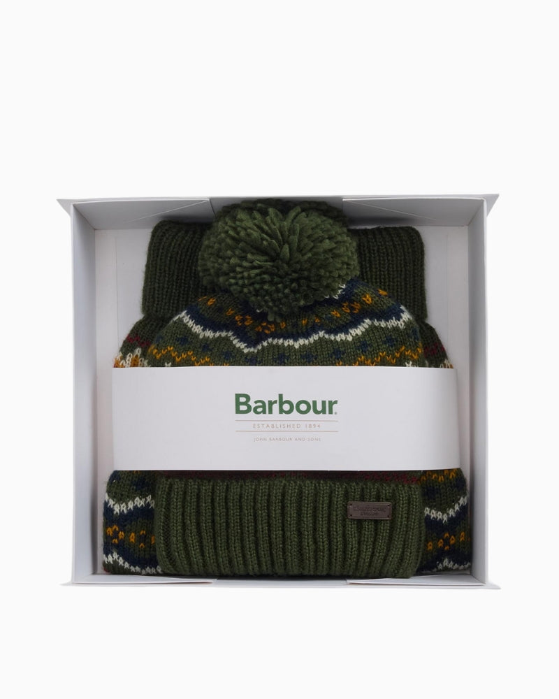 Barbour Fair Isle Dog Gift Set in branded gift box with hat and jumper displayed