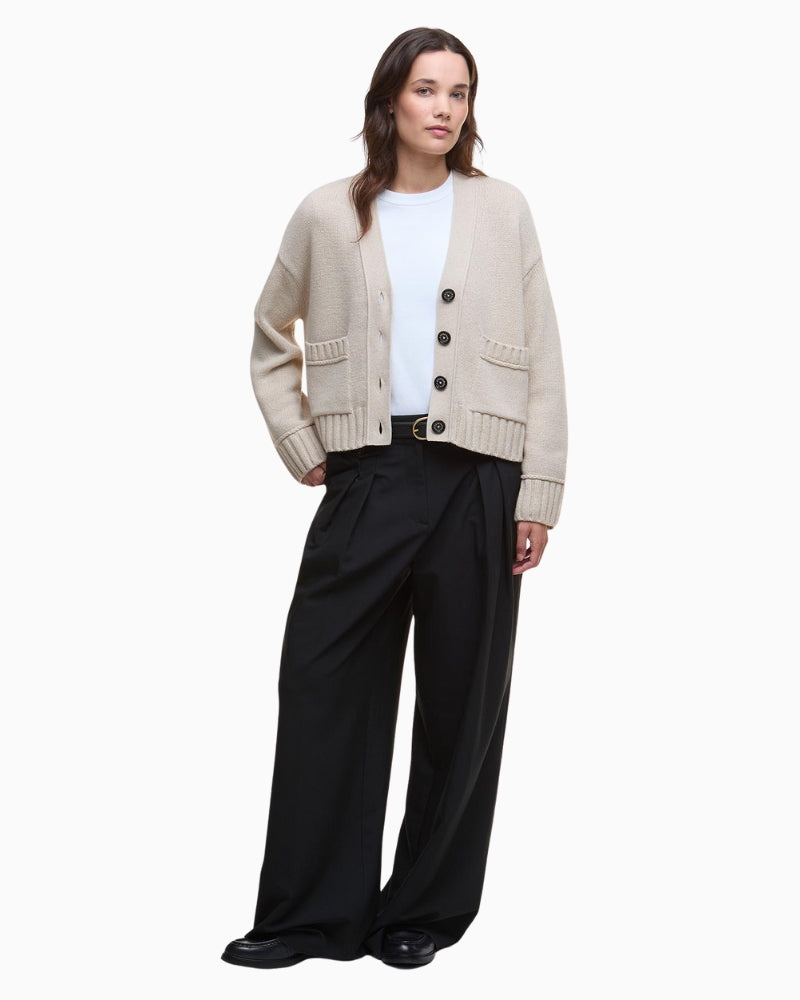 Model wearing Barbour Faye cardigan with relaxed fit and dropped shoulders