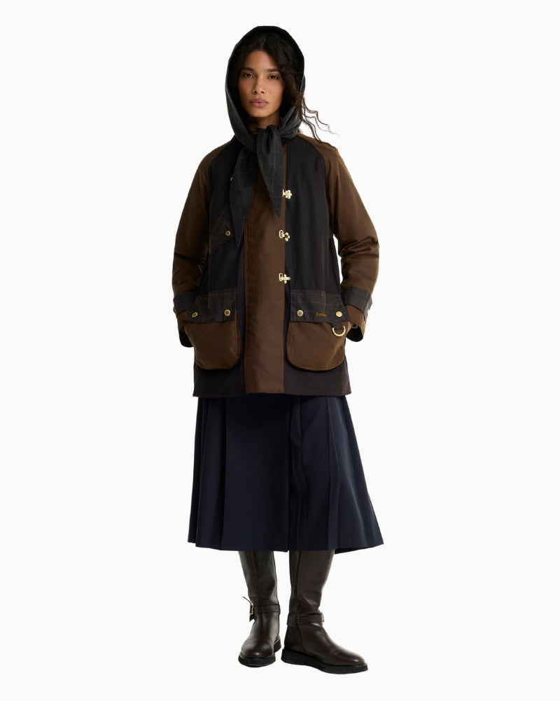 Barbour Felton Checked Wax Jacket in Dark Brown styled front view with scarf