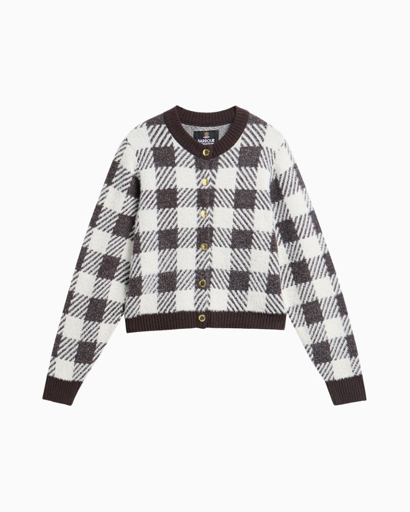 Barbour Halina Gingham Cardigan in Brown/Cream gingham check detail