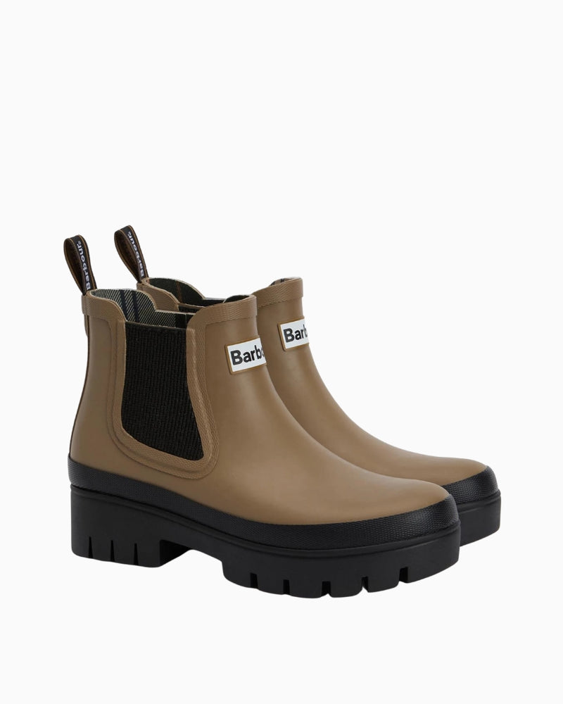 Angled view of both Barbour Halton ankle wellies side by side in Beige