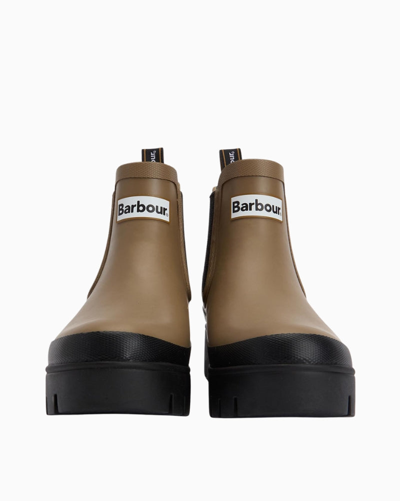 Front view of black Halton ankle wellies showing rounded toe and Chelsea boot design