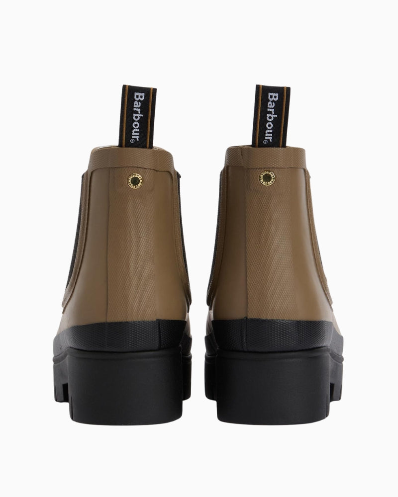Back view of Barbour ankle wellies highlighting pull tab and rear seam