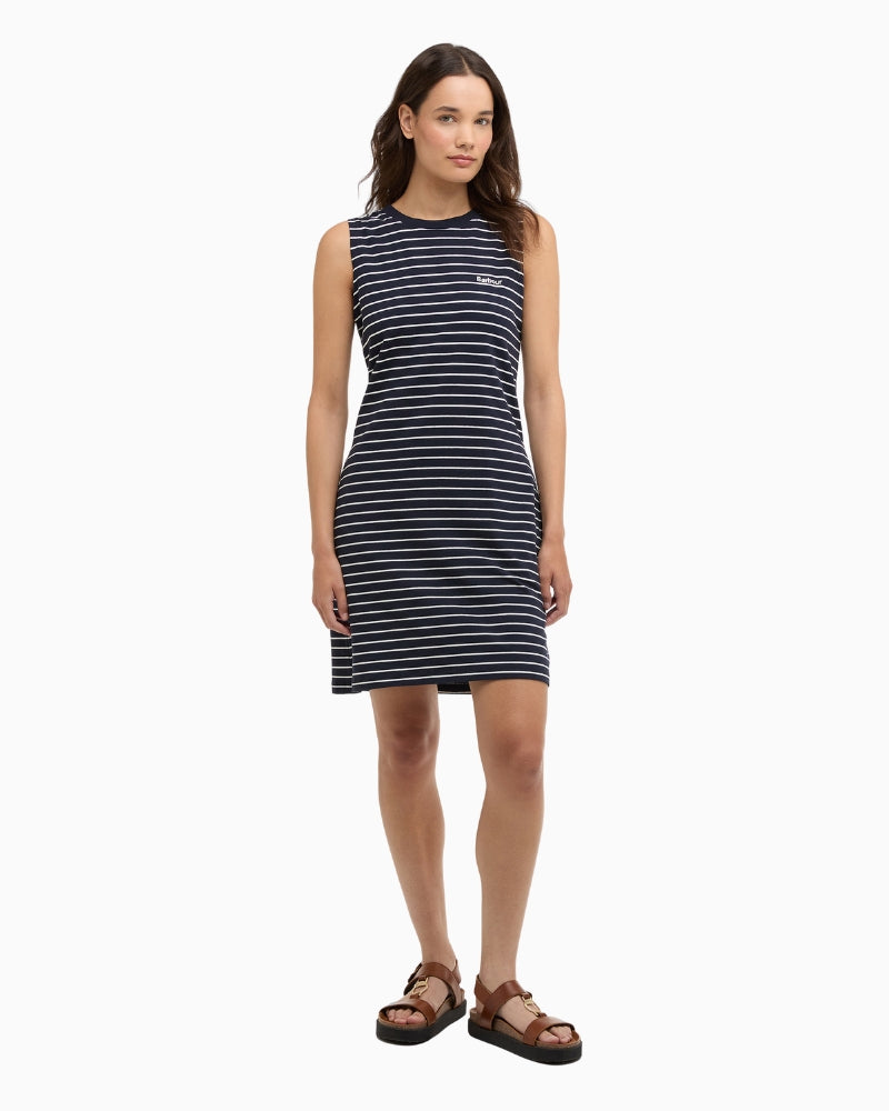 Barbour Hartland mini dress navy stripe, woman wearing front view – Áines Boutique