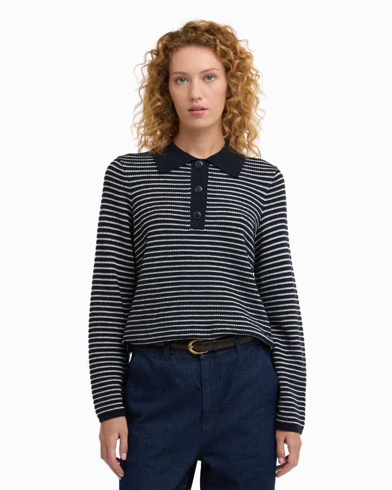 Barbour Inez knitted jumper navy stripe, front detail view – Áines Boutique