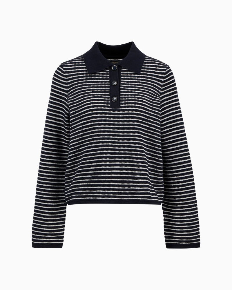 Barbour Inez knitted jumper navy stripe, flat lay front view – Áines Boutique