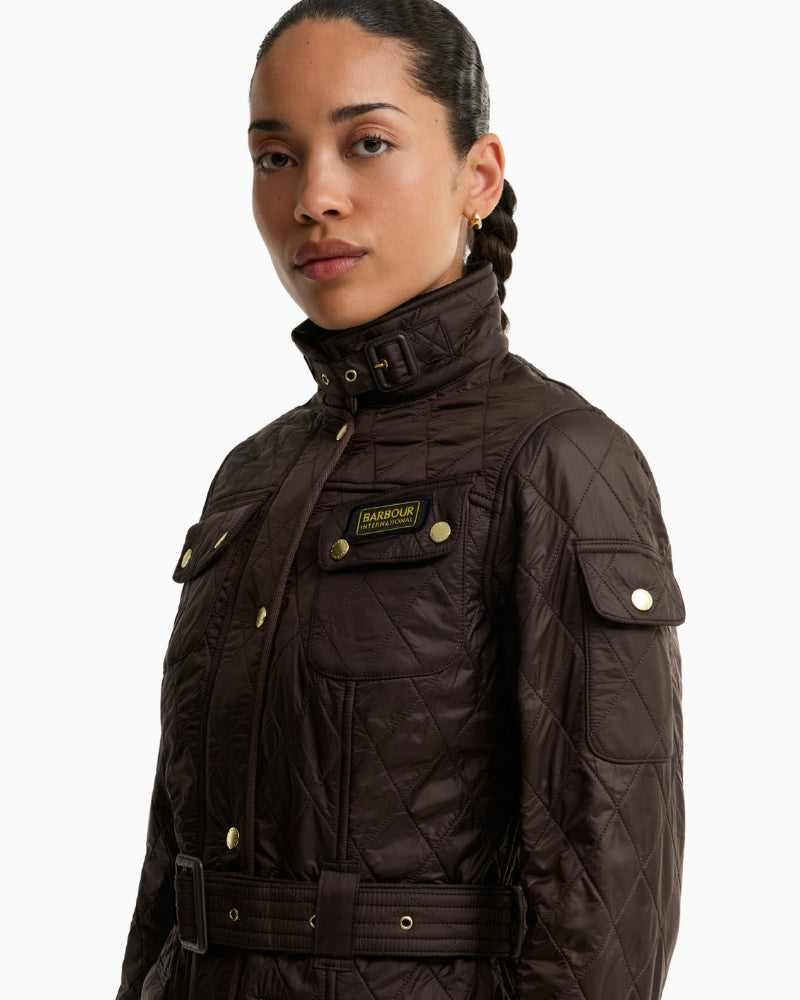 Barbour International Polarquilt Jacket in Brown funnel collar detail