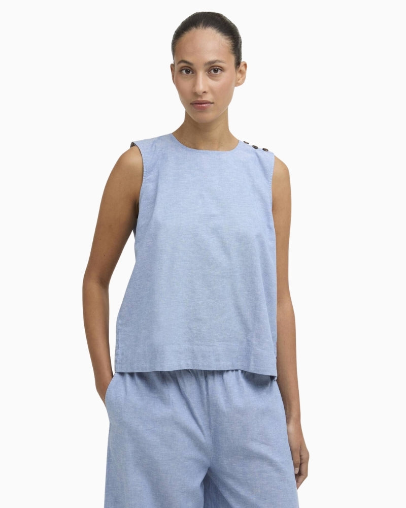 Barbour Josie sleeveless blouse light chambray front view on model