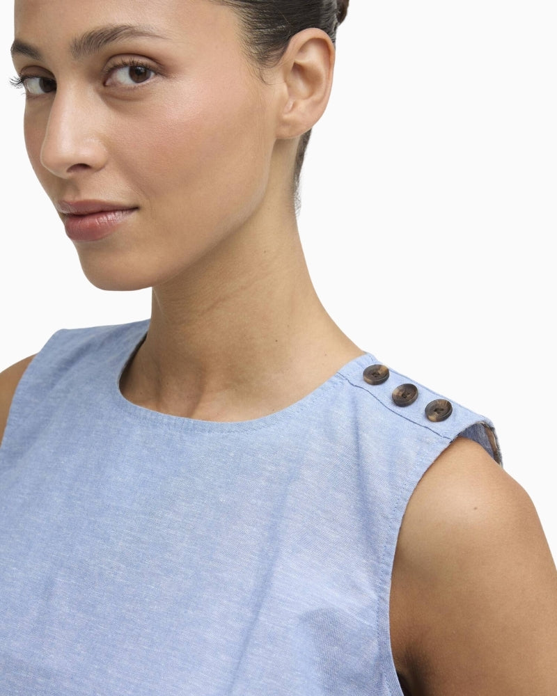 Barbour Josie sleeveless blouse light chambray shoulder button detail