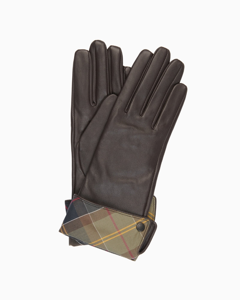 Barbour Lady Jane brown leather gloves with tartan cuff