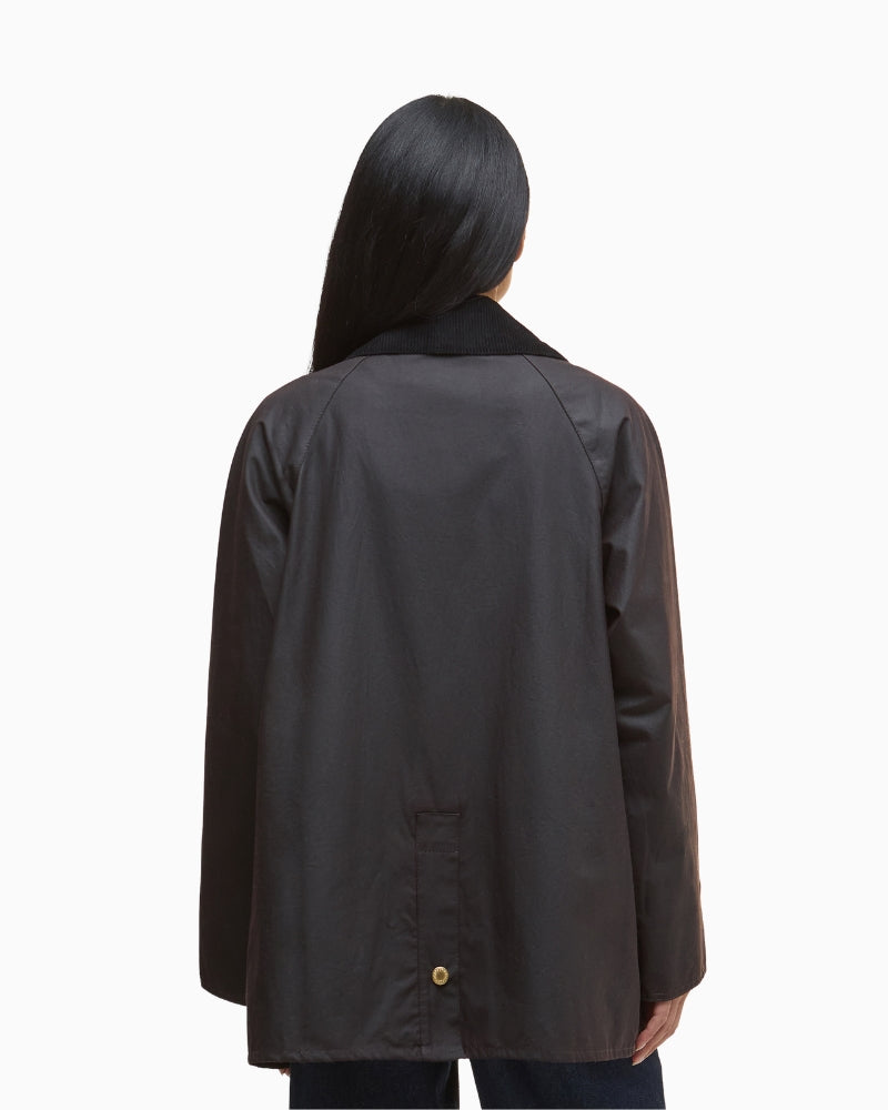 Back view of Luella Wax Jacket showing clean cut silhouette