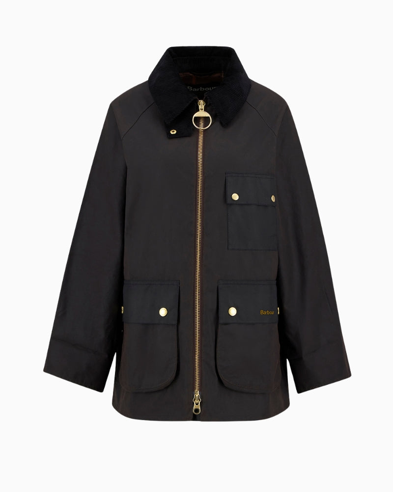 Front view of black Luella jacket showing waxed cotton finish