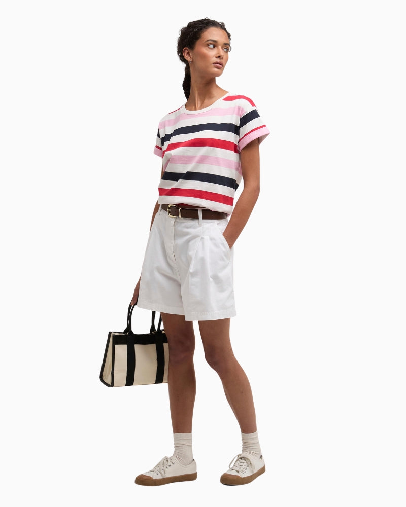 Barbour Lyndale top red pink, woman wearing front view – Áines Boutique