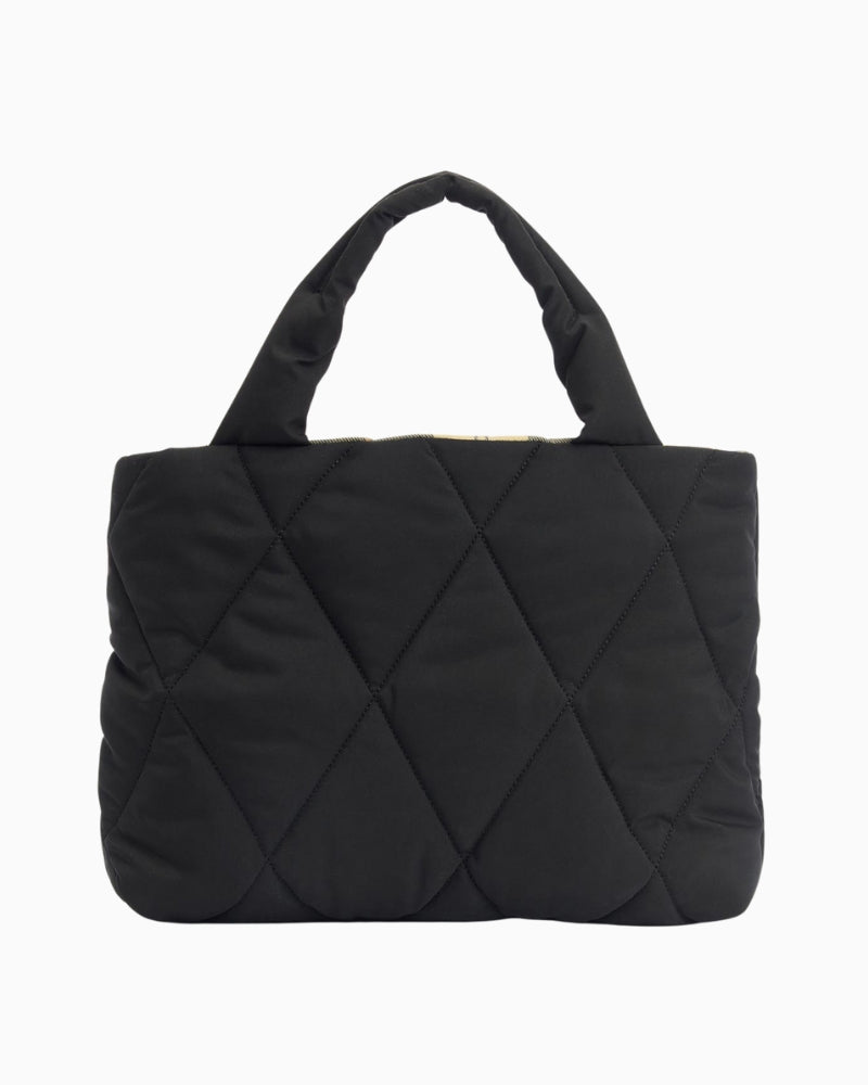 Back view of black Barbour quilted mini tote bag with smooth quilting and slim structured base