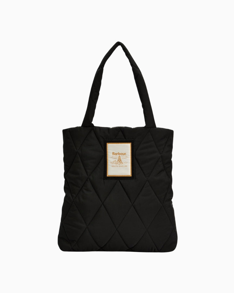 Front view of black Barbour Mariah Quilted Tote Bag with diamond quilting and logo patch