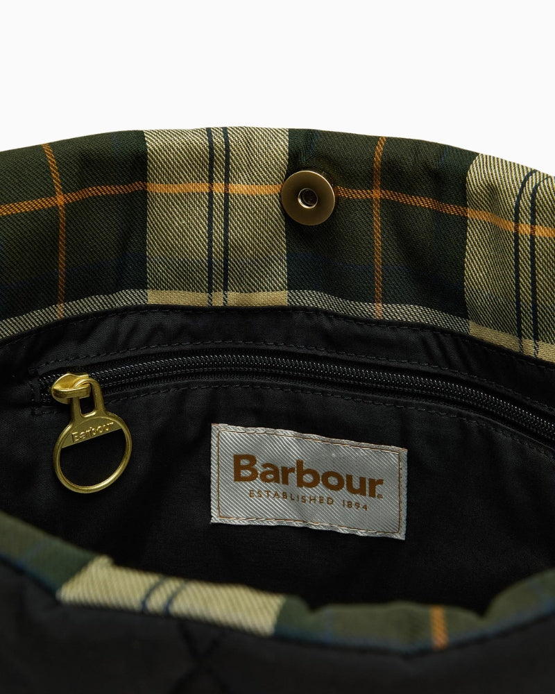 Overhead view of Barbour quilted tote bag with spacious open compartment and lining
