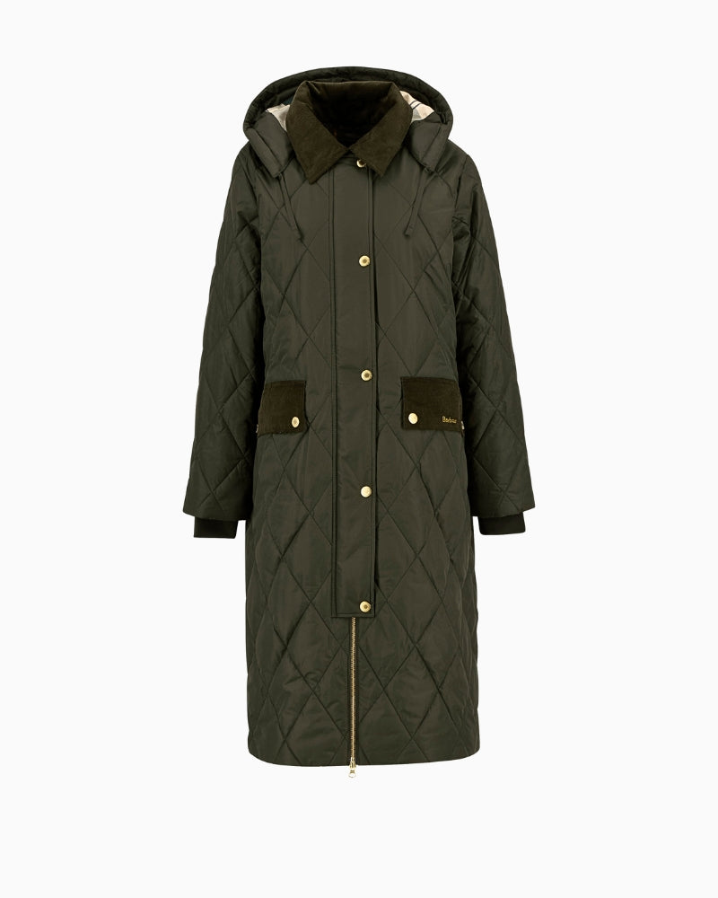 Full view of Barbour Meredith quilted jacket in olive with full zip