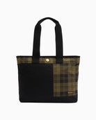 Front view of Barbour Mya Patchwork Tote Bag in black with olive check tartan panels
