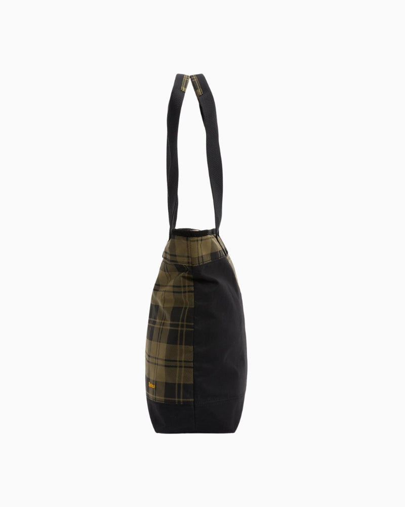 Side angle of Barbour Mya Tote Bag showing patchwork design and cord trim detail